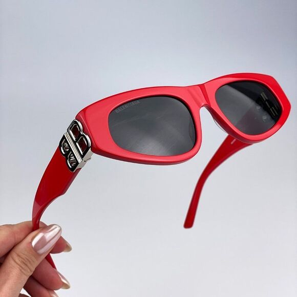 Balenciaga BB0095S 016 Sunglasses Red Silver Logo Grey Cat Eye Unisex - Picture 6 of 13
